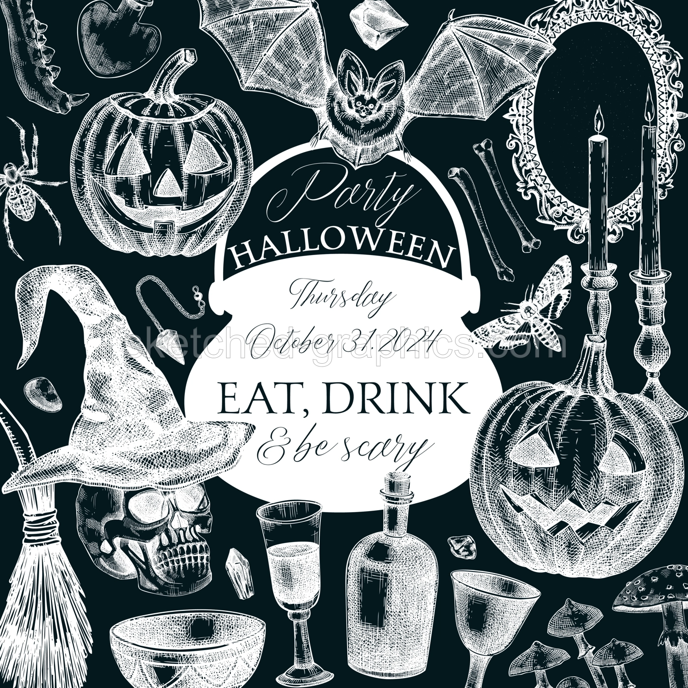 Vintage Halloween frame design on chalkboard. Hand-drawn vector illustration. Skull, bones, pumpkin, poisons, cauldron sketch. Witch party invitation, poster, card. Not AI generated Illustration